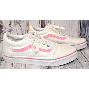 Vans Women’s White & Pink W/ Rainbow Accent Colors Off The Wall Shoes Size 3.0